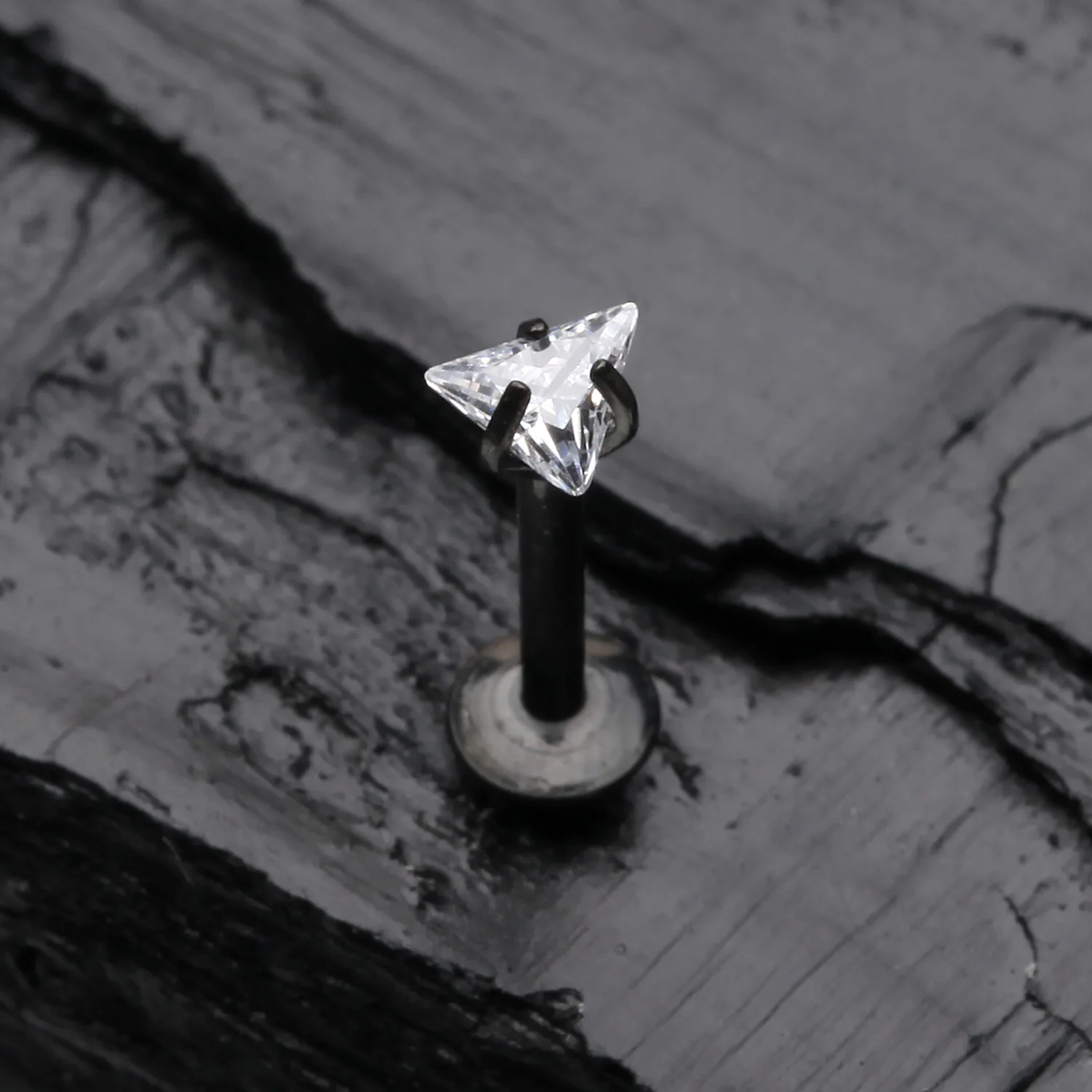Blackline Triangle Gem Sparkle Prong Set Top Internally Threaded Steel Labret - Image 2
