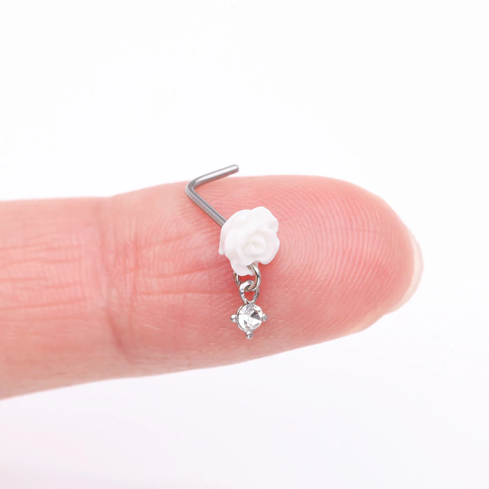 Blossom Rose Sparkle Dangle L-Shaped Nose Ring - Image 3