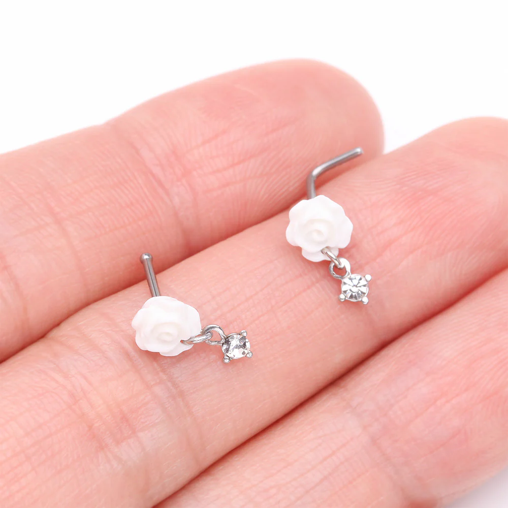 Blossom Rose Sparkle Dangle L-Shaped Nose Ring - Image 4
