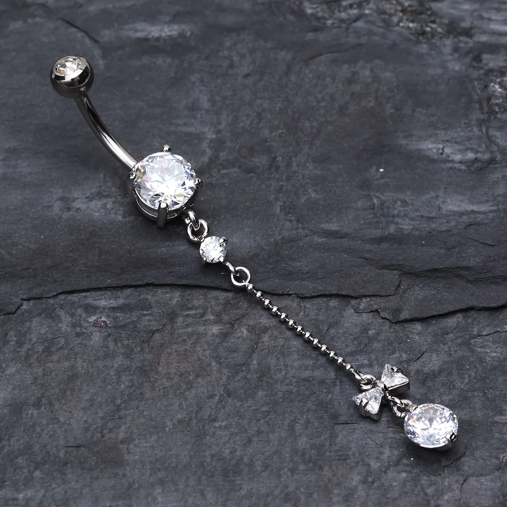 Bow and Gem Droplet Belly Button Ring - Image 3