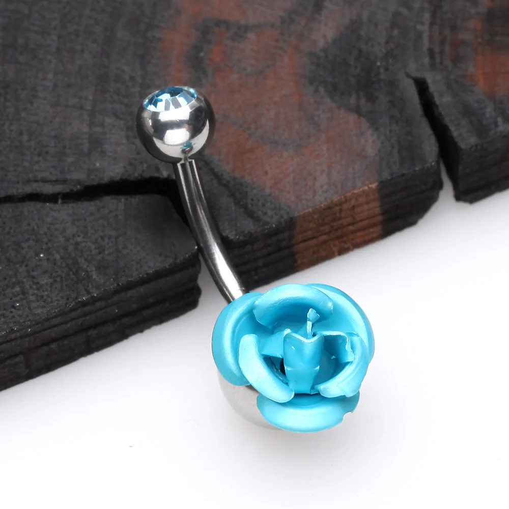 Bright Metal Rose Blossom Belly Button Ring - Image 3