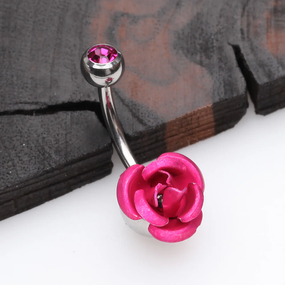 Bright Metal Rose Blossom Belly Button Ring - Image 3