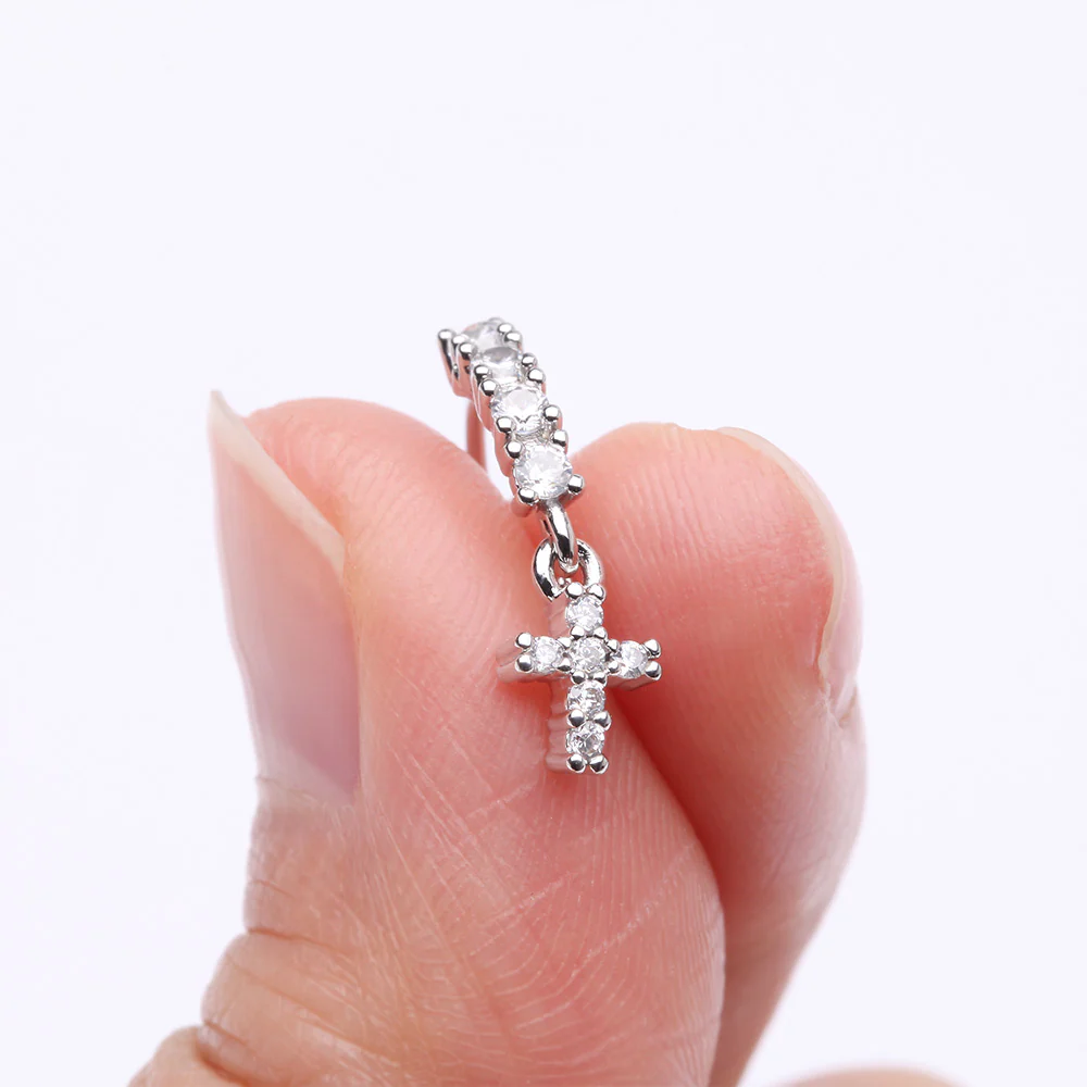 Brilliant Cross Sparkle Dangle Multi-Gem Lined Bendable Hoop Ring - Image 3