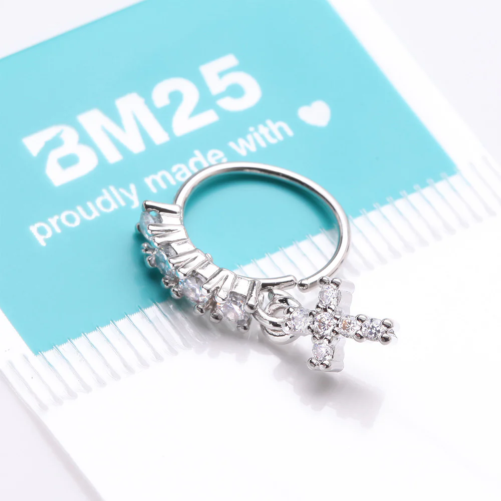 Brilliant Cross Sparkle Dangle Multi-Gem Lined Bendable Hoop Ring - Image 4