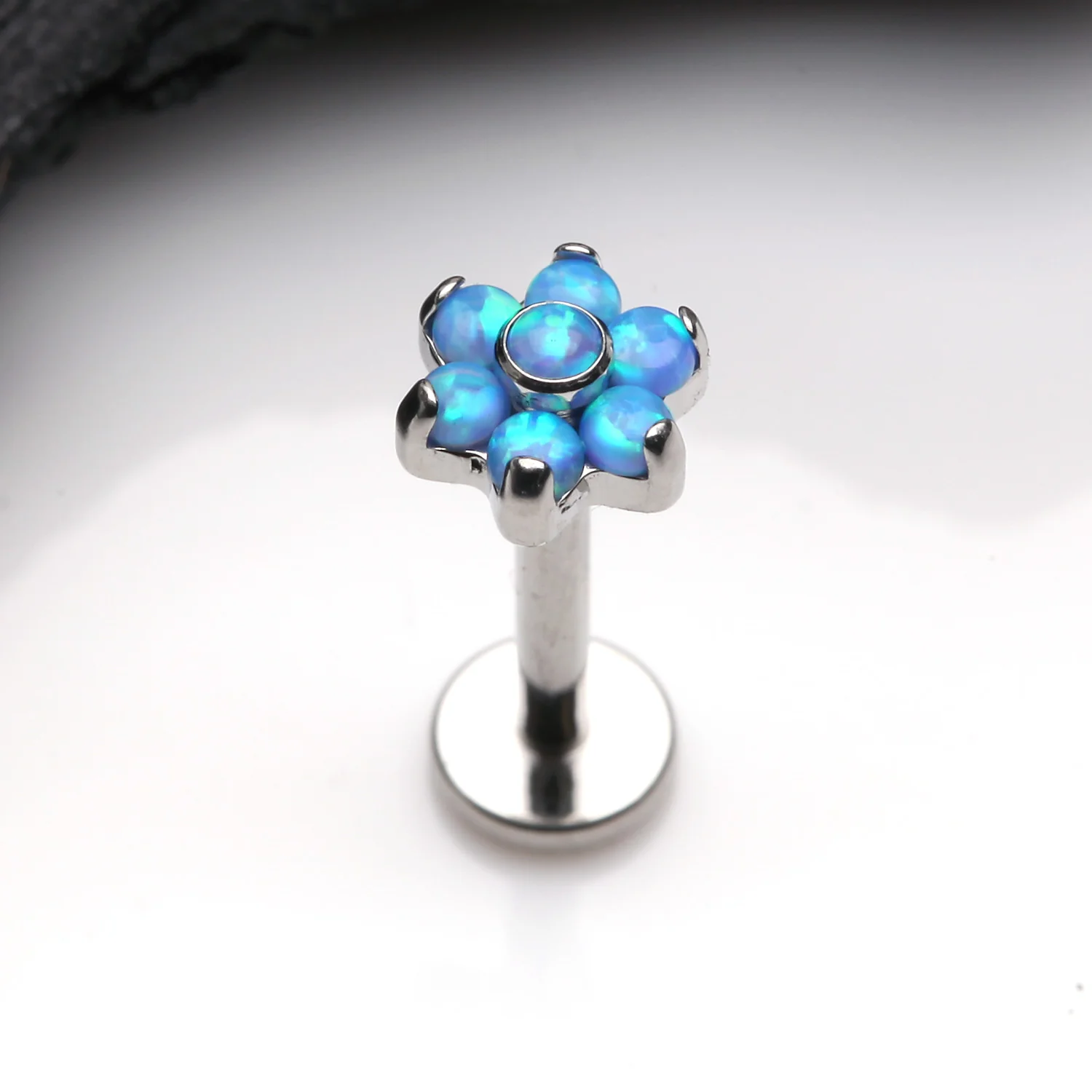Brilliant Fire Opal Sparkle Flower Top Internally Threaded Labret - Image 2