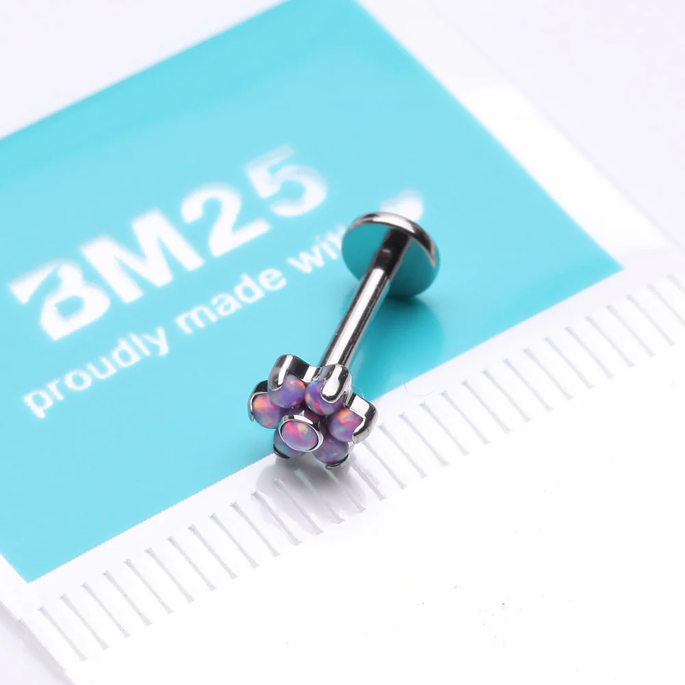 Brilliant Fire Opal Sparkle Flower Top Internally Threaded Labret - Image 3