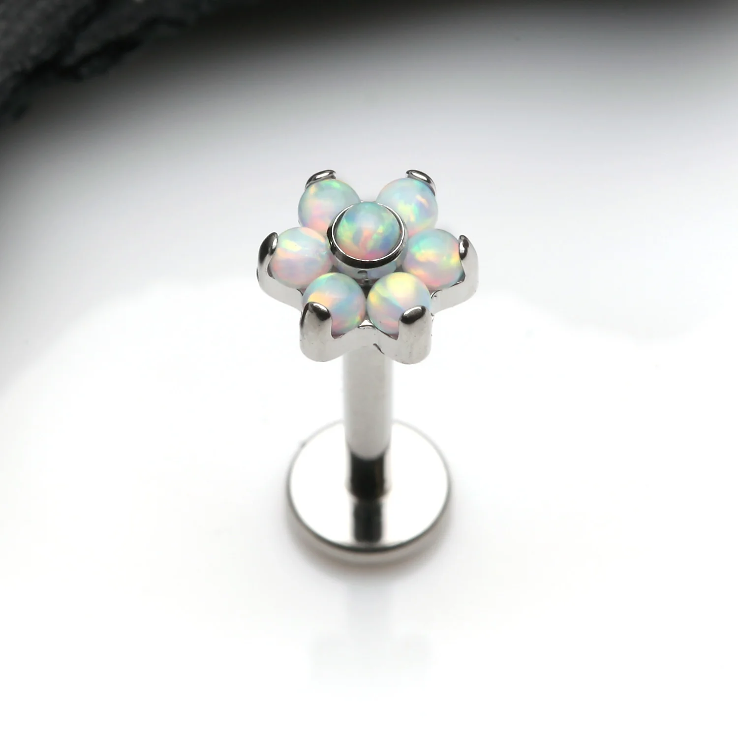 Brilliant Fire Opal Sparkle Flower Top Internally Threaded Labret - Image 2