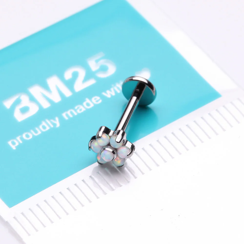 Brilliant Fire Opal Sparkle Flower Top Internally Threaded Labret - Image 3