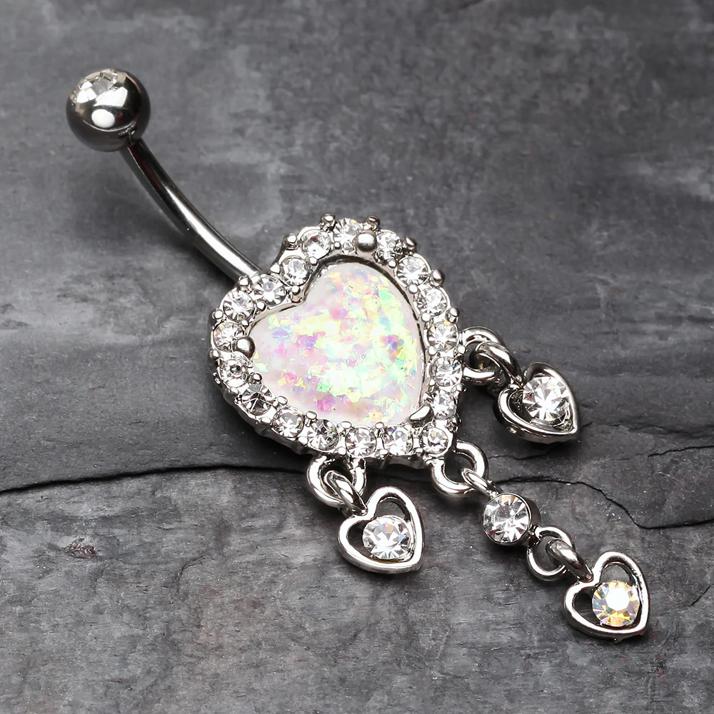 Brilliant Opal Sparkle Heart Dangle Belly Button Ring - Image 3