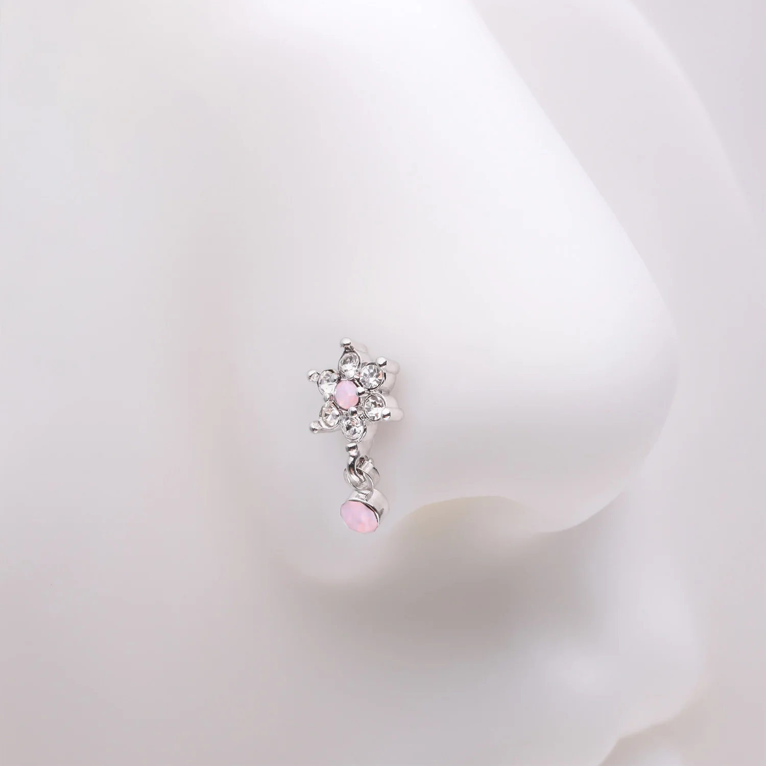 Brilliant Rose Pink Flower Sparkle Dangle L-Shaped Nose Ring - Image 2