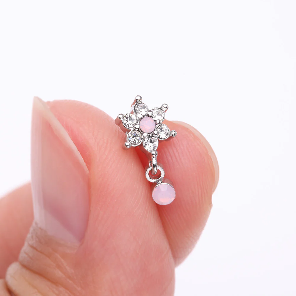Brilliant Rose Pink Flower Sparkle Dangle Nose Stud Ring - Image 3