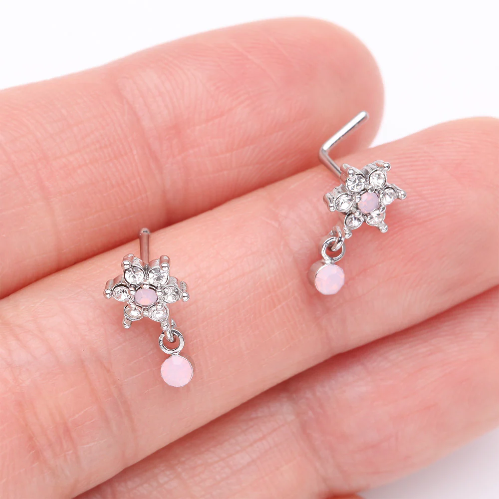 Brilliant Rose Pink Flower Sparkle Dangle Nose Stud Ring - Image 4