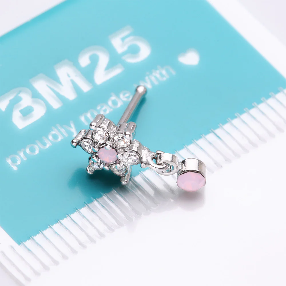 Brilliant Rose Pink Flower Sparkle Dangle Nose Stud Ring - Image 5