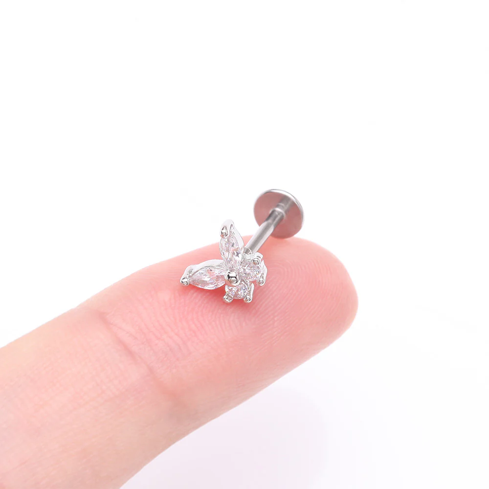 Brilliant Sparkle Butterfly Prong Gem Top Flat Back Stud Labret - Image 3