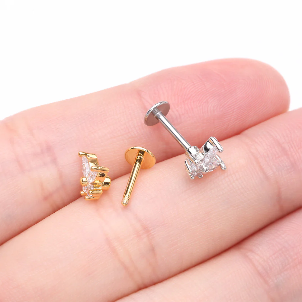 Brilliant Sparkle Butterfly Prong Gem Top Flat Back Stud Labret - Image 4