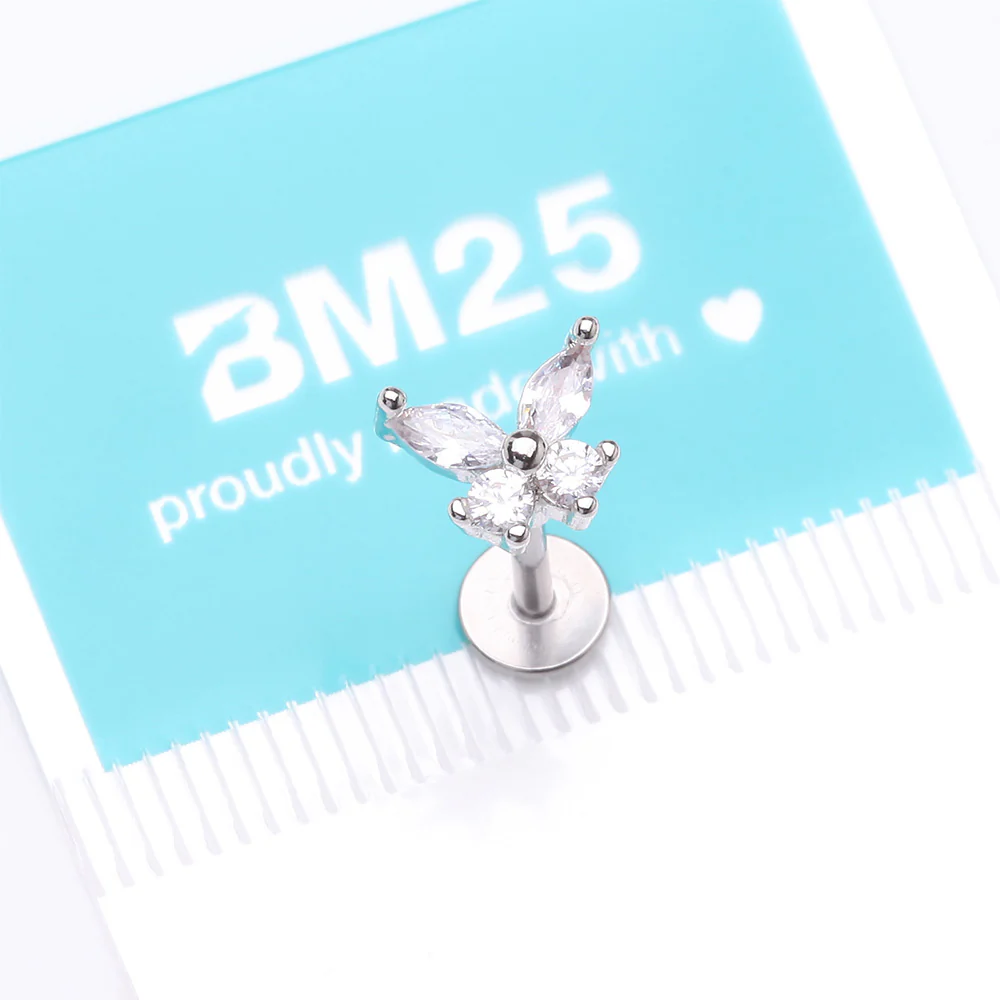 Brilliant Sparkle Butterfly Prong Gem Top Flat Back Stud Labret - Image 5