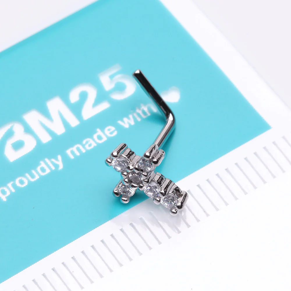 Brilliant Sparkle Cross Multi-Gem L-Shaped Nose Ring - Image 3