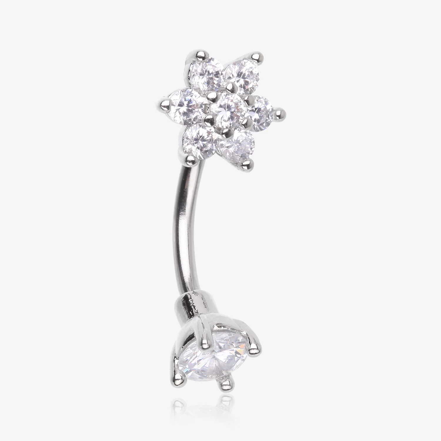 Brilliant Sparkle Flower Prong Gem Top Curved Barbell