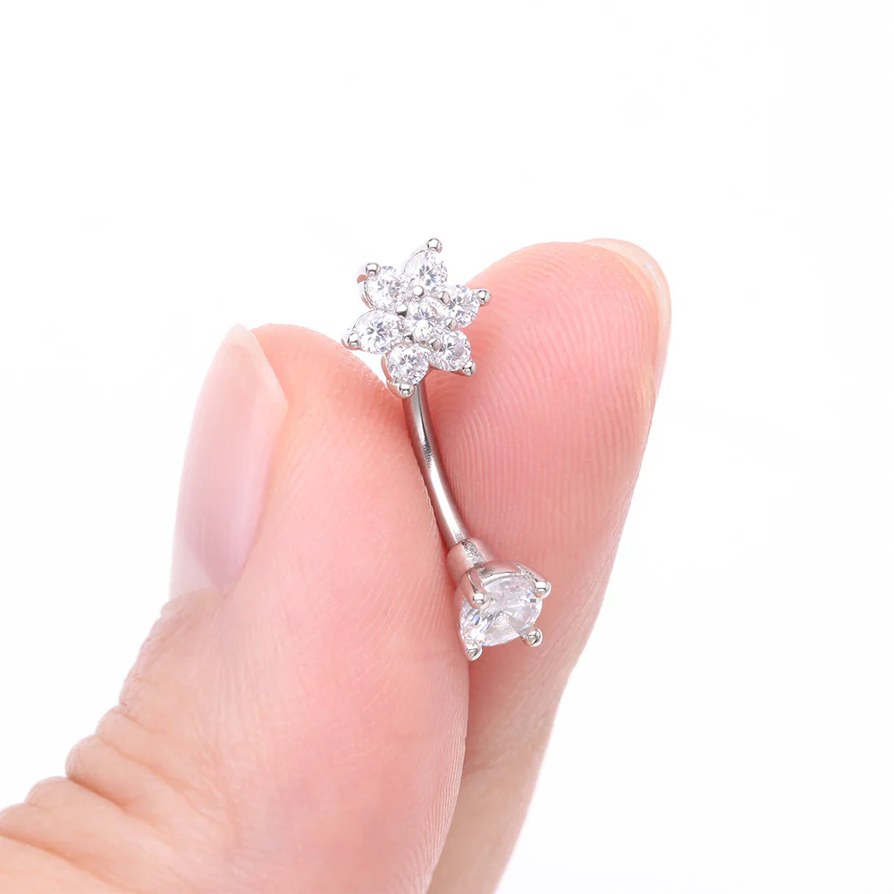 Brilliant Sparkle Flower Prong Gem Top Curved Barbell - Image 3
