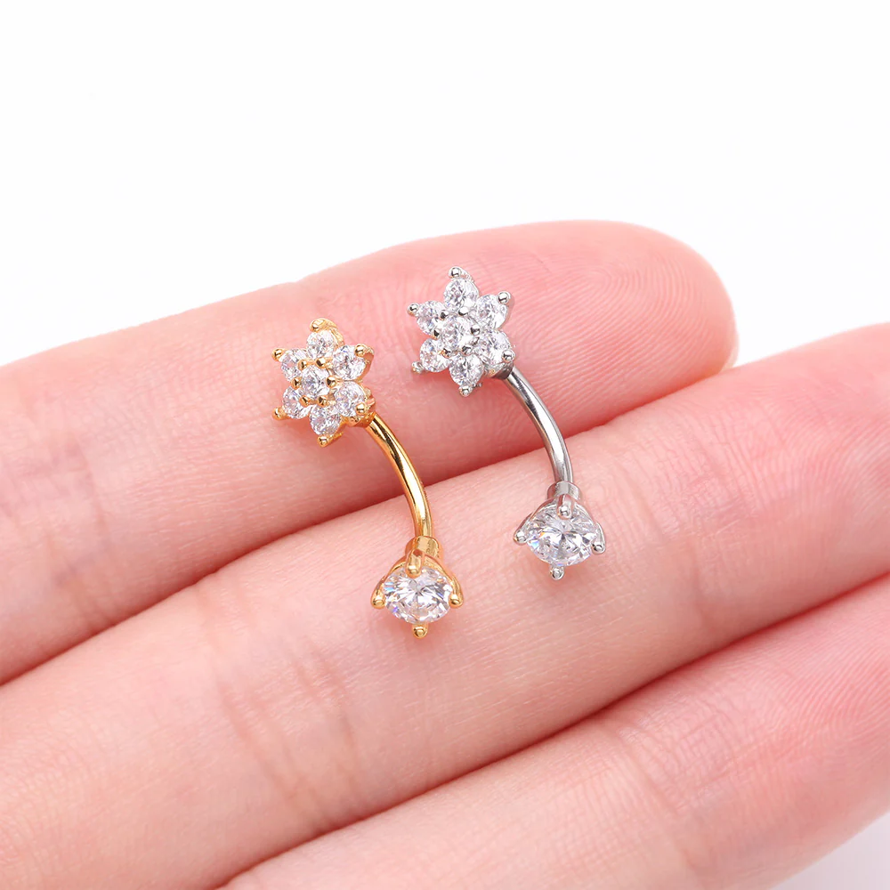 Brilliant Sparkle Flower Prong Gem Top Curved Barbell - Image 4