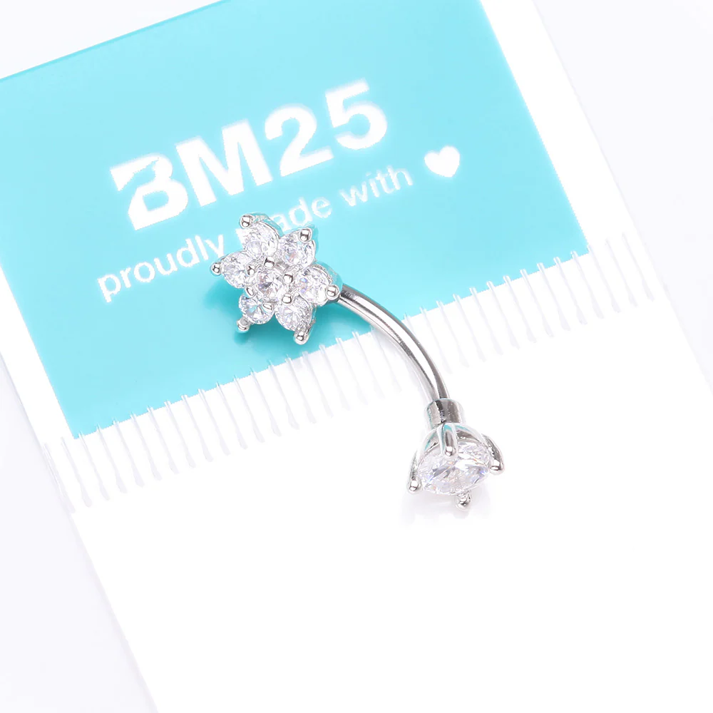 Brilliant Sparkle Flower Prong Gem Top Curved Barbell - Image 5