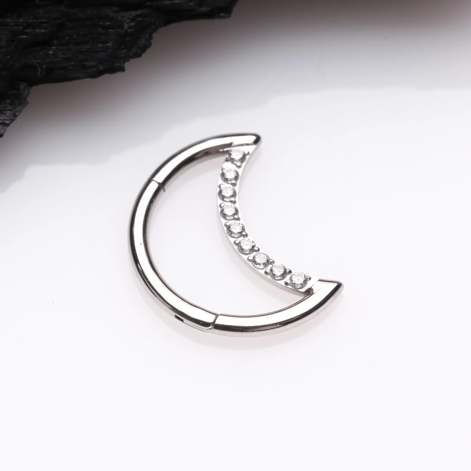 Brilliant Sparkle Gem Lined Crescent Moon Seamless Clicker Hoop Ring - Image 2