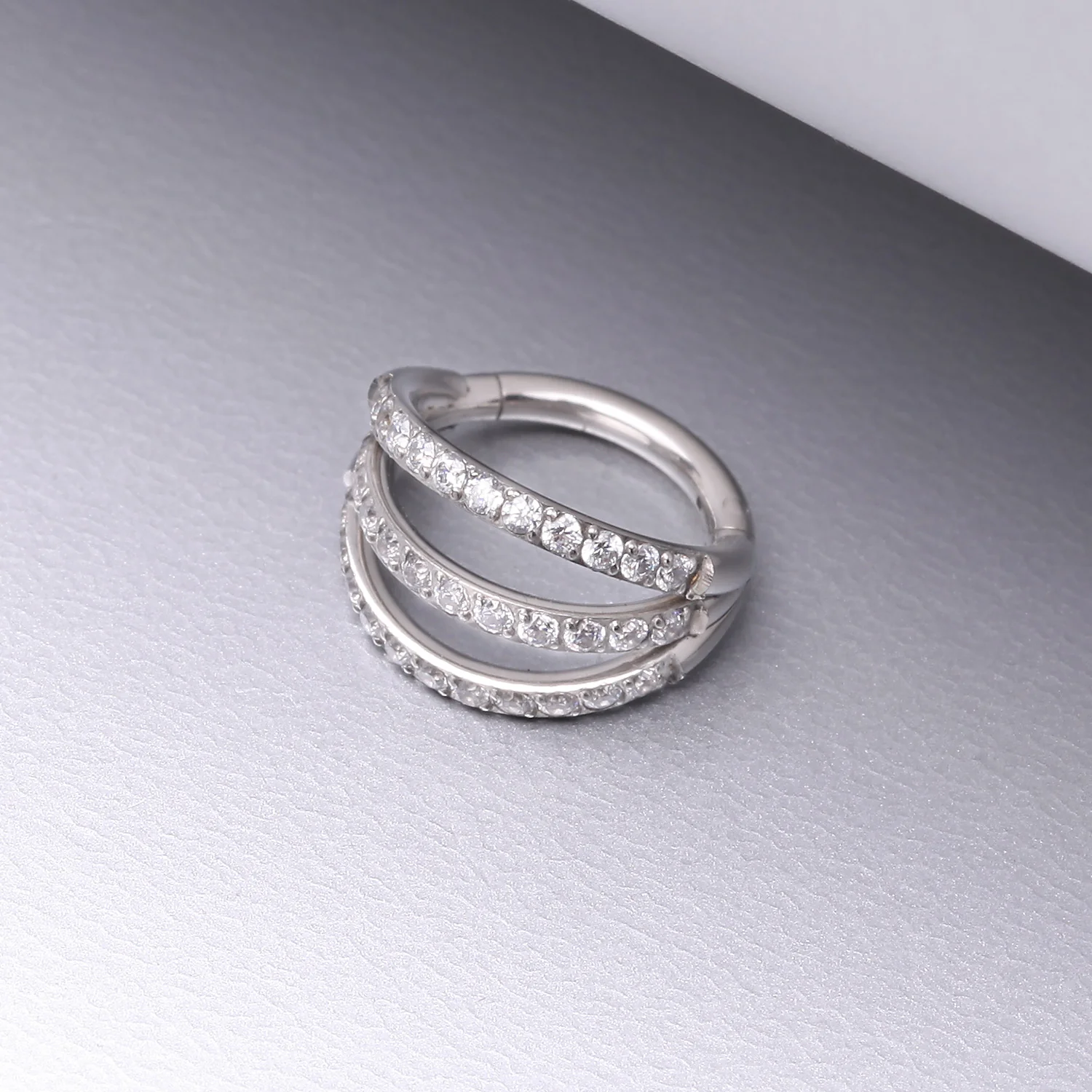 Brilliant Sparkle Gem Lined Triple Hoop Steel Seamless Clicker Hoop Ring - Image 2