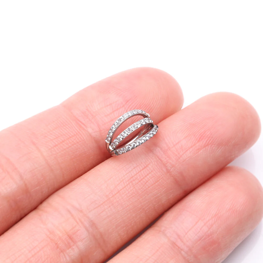 Brilliant Sparkle Gem Lined Triple Hoop Steel Seamless Clicker Hoop Ring - Image 3