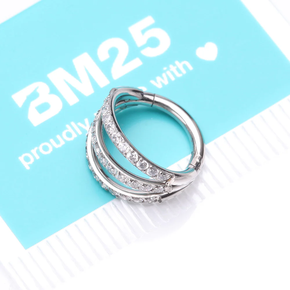 Brilliant Sparkle Gem Lined Triple Hoop Steel Seamless Clicker Hoop Ring - Image 5