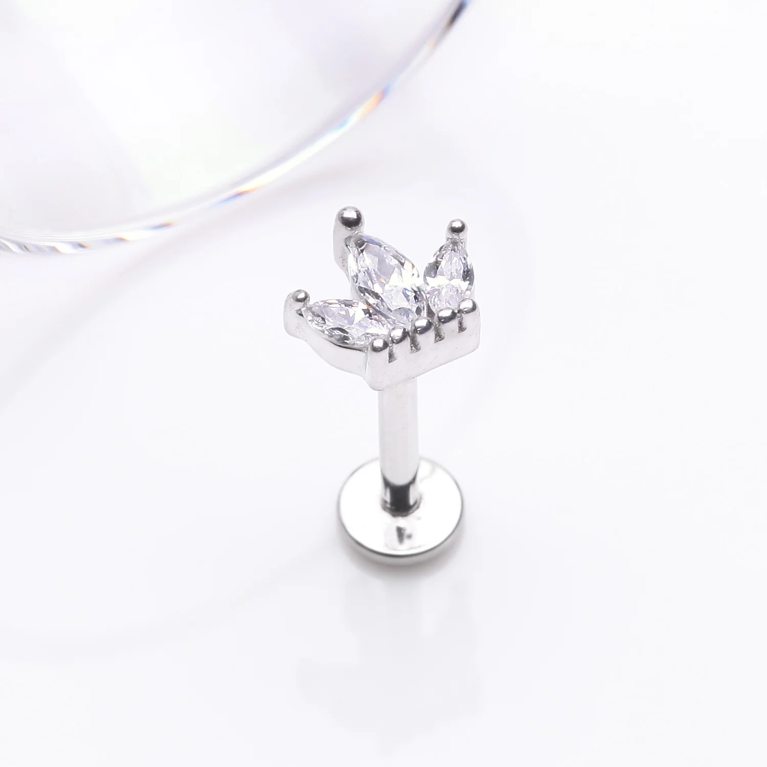 Brilliant Sparkle Marquise Lotus Flower Top Internally Threaded Steel Labret - Image 2