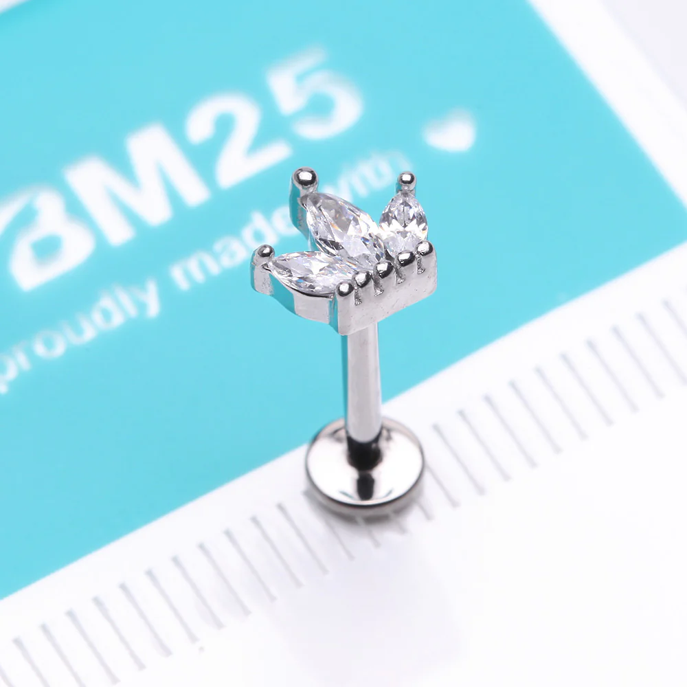 Brilliant Sparkle Marquise Lotus Flower Top Internally Threaded Steel Labret - Image 3