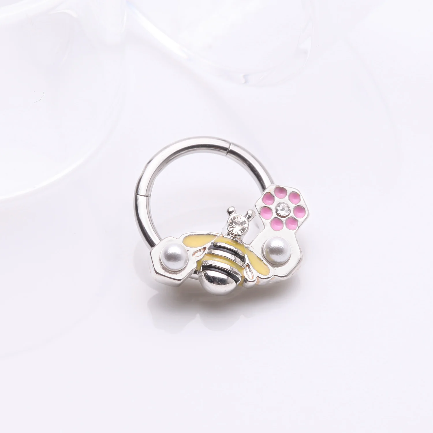 Bumble Bee Pearlescent Honeycomb Flower Clicker Hoop Ring - Image 2