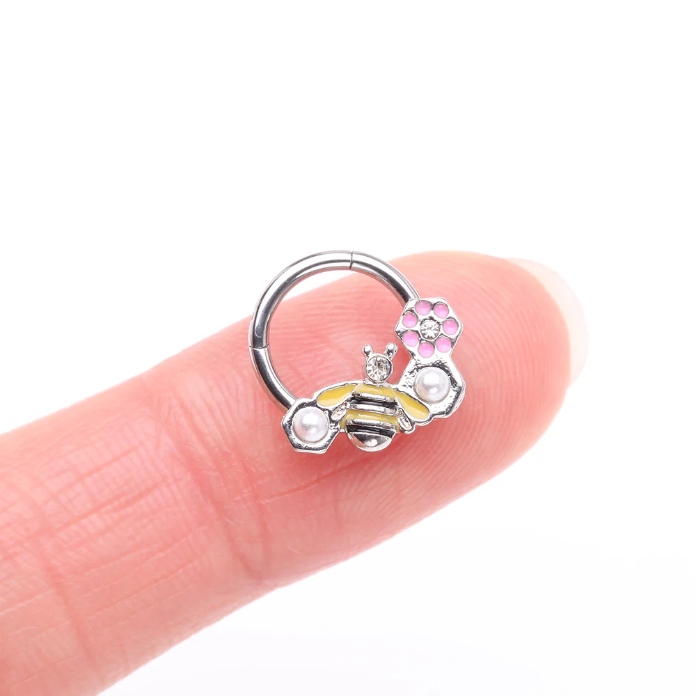 Bumble Bee Pearlescent Honeycomb Flower Clicker Hoop Ring - Image 3