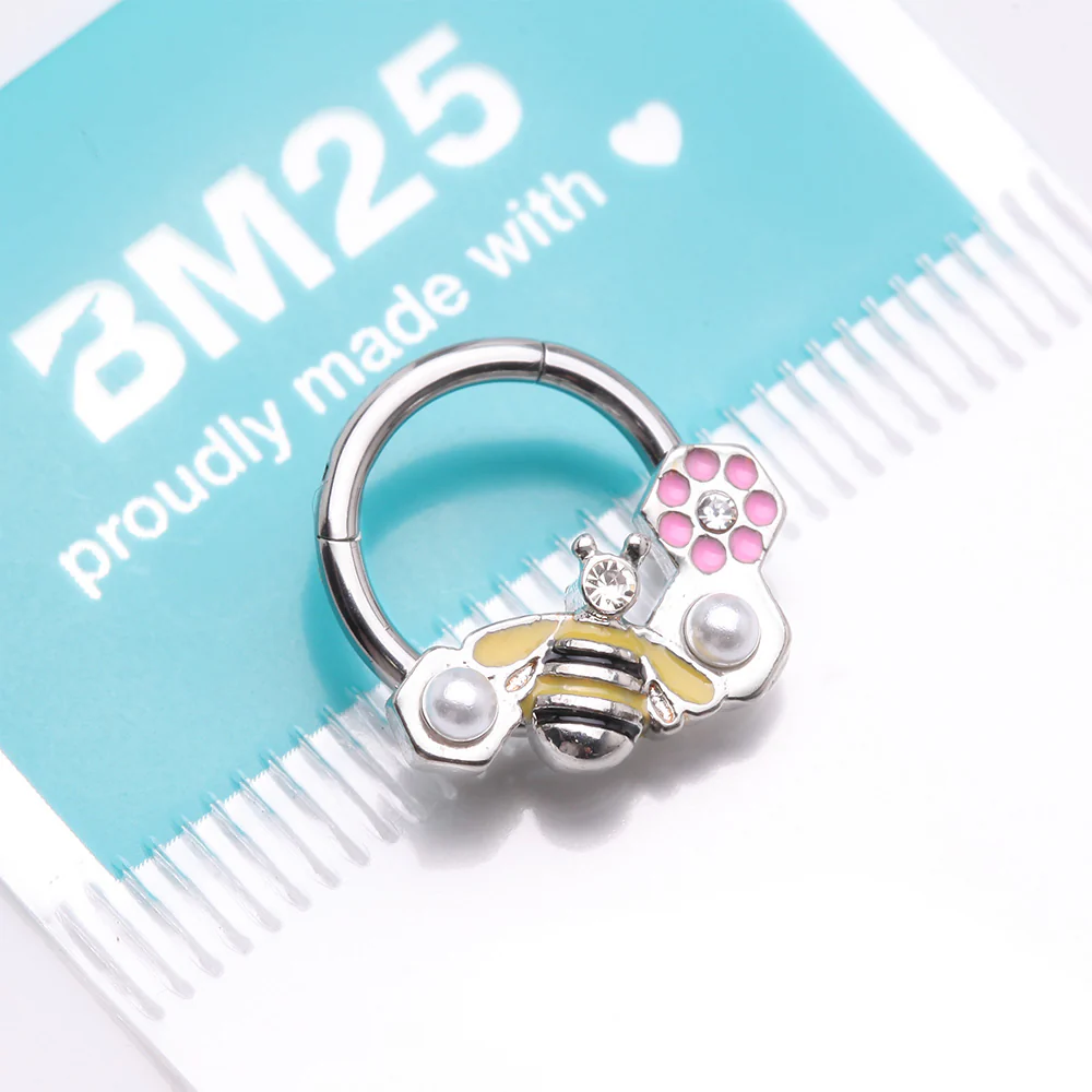 Bumble Bee Pearlescent Honeycomb Flower Clicker Hoop Ring - Image 5