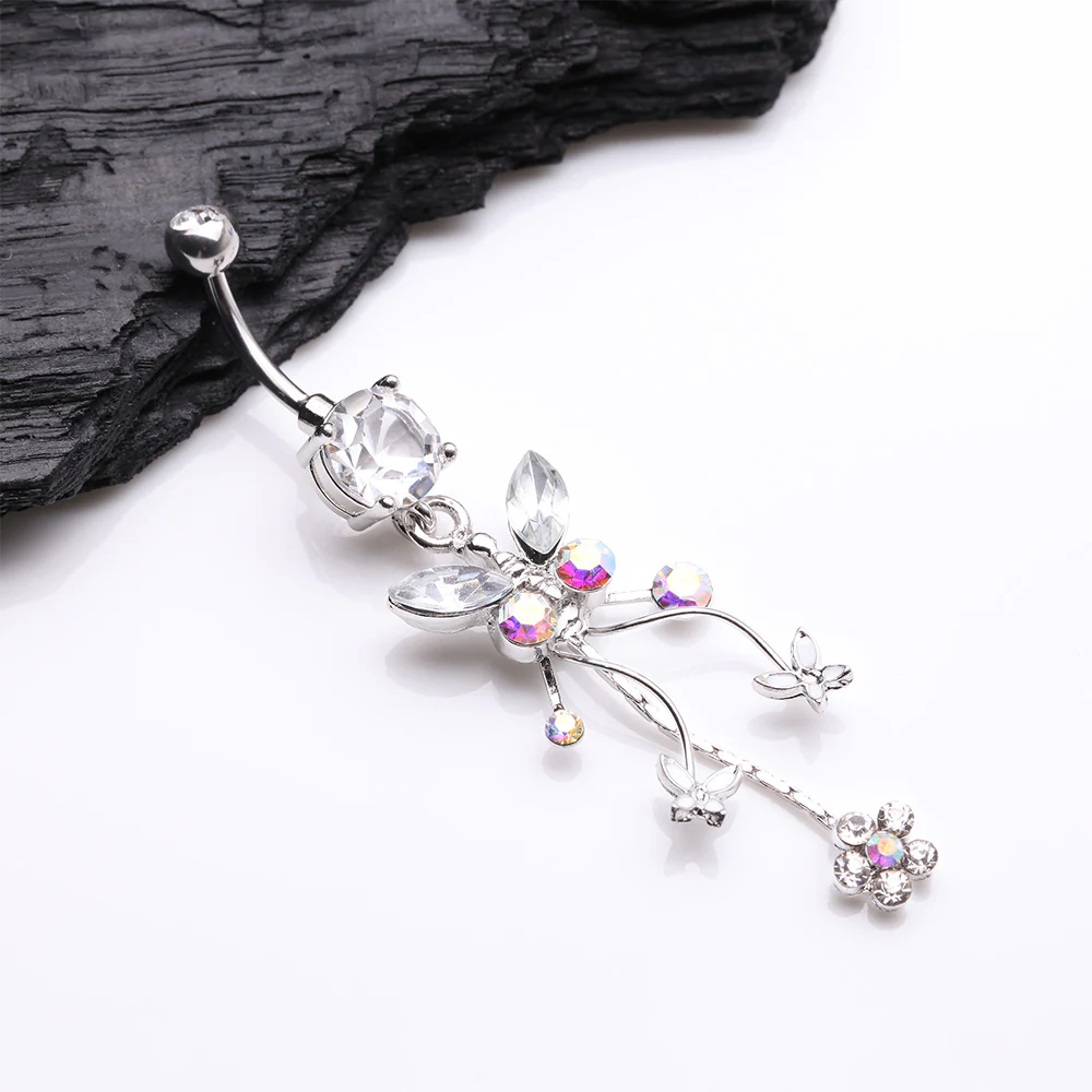 Butterfly Flower Garden Dangle Sparkle Belly Button Ring - Image 3