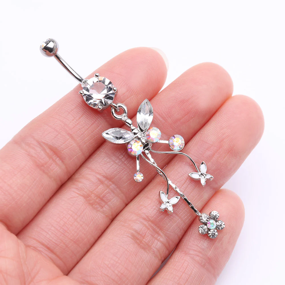 Butterfly Flower Garden Dangle Sparkle Belly Button Ring - Image 4