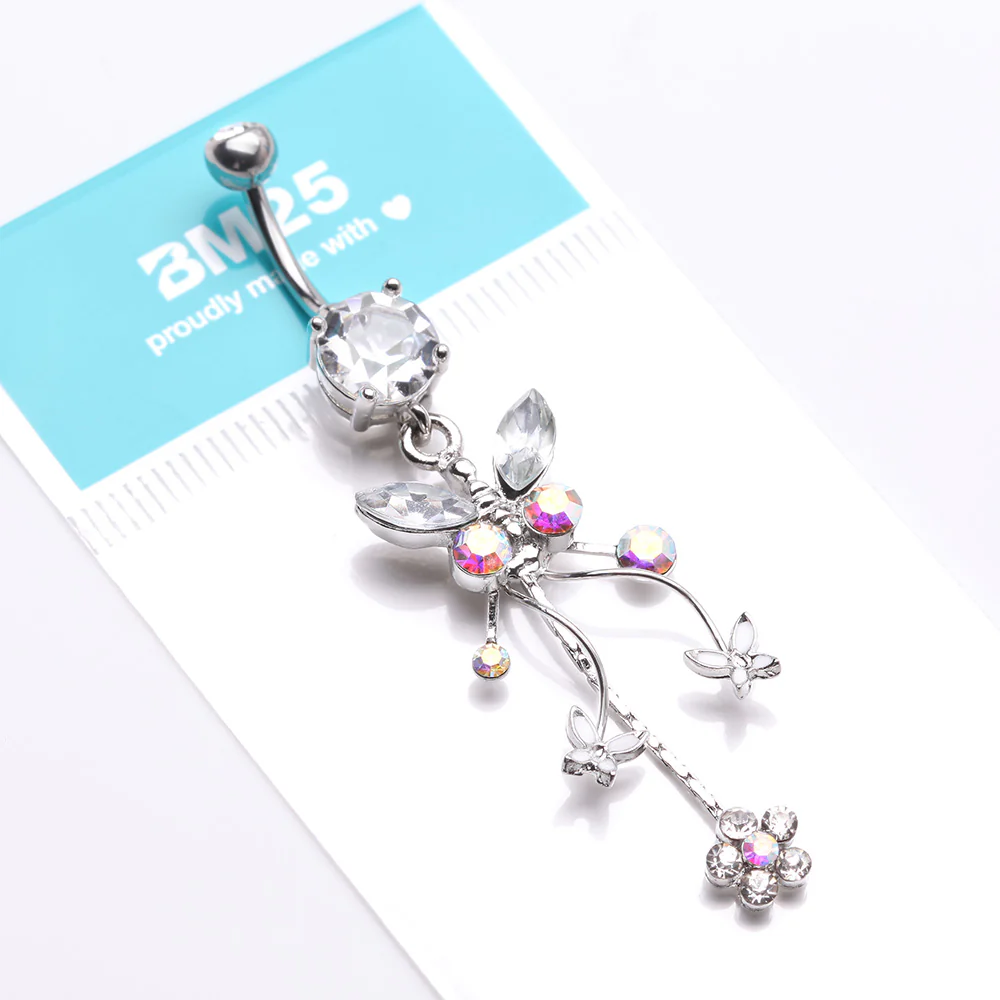 Butterfly Flower Garden Dangle Sparkle Belly Button Ring - Image 5