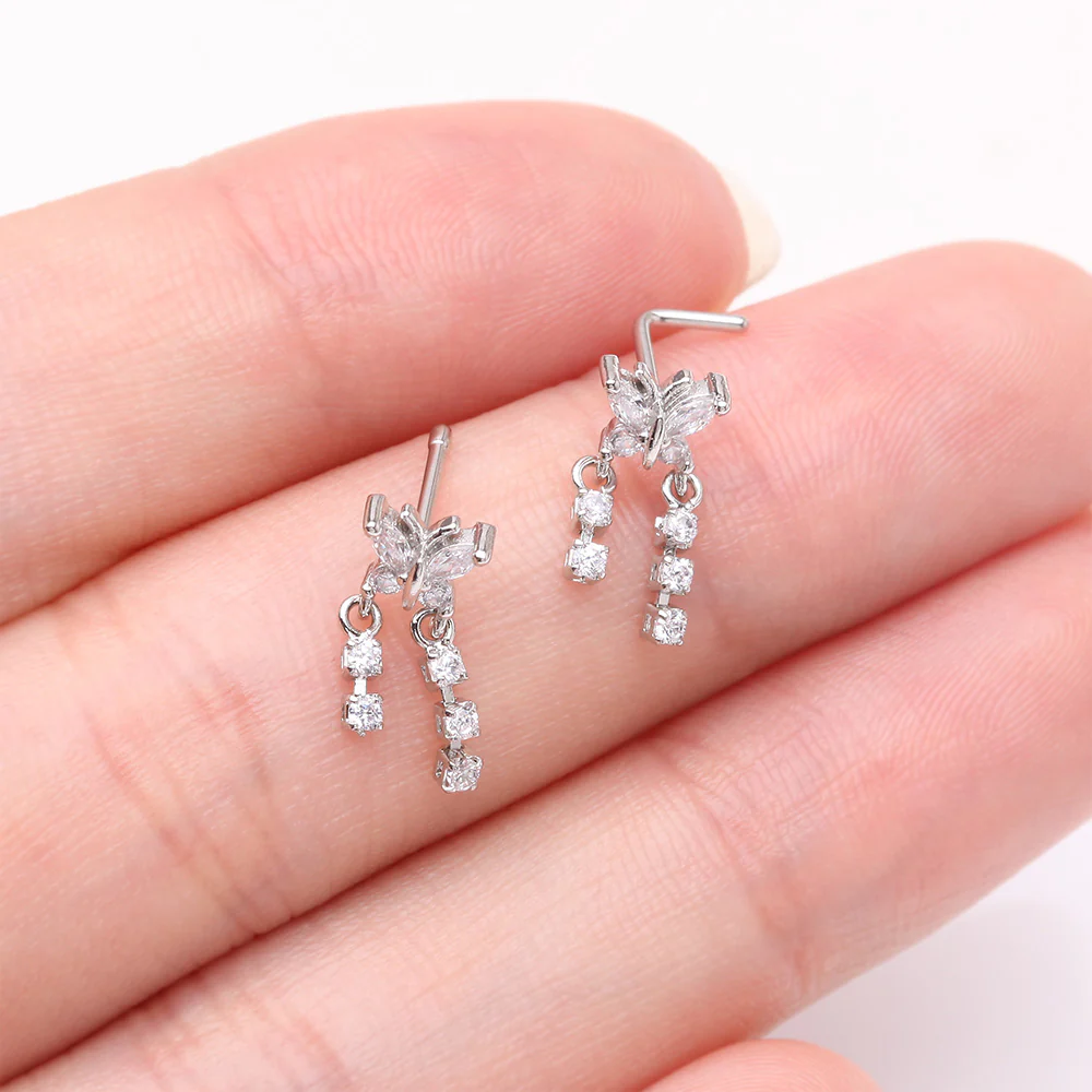 Butterfly Sparkle Dangle Gem Drop Nose Stud Ring - Image 4