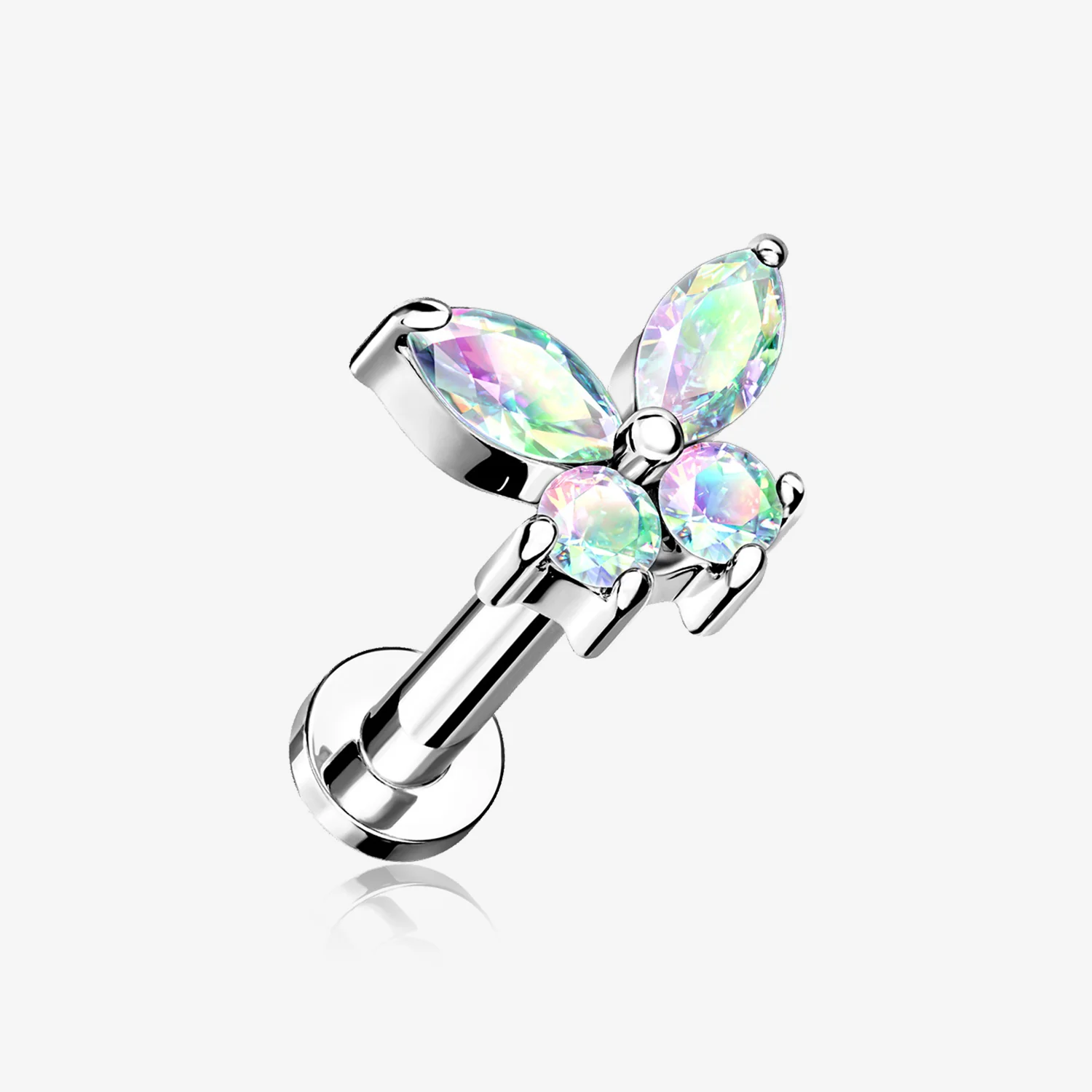 Butterfly Sparkle Prong Set Top Internally Threaded Steel Flat Back Stud Labret