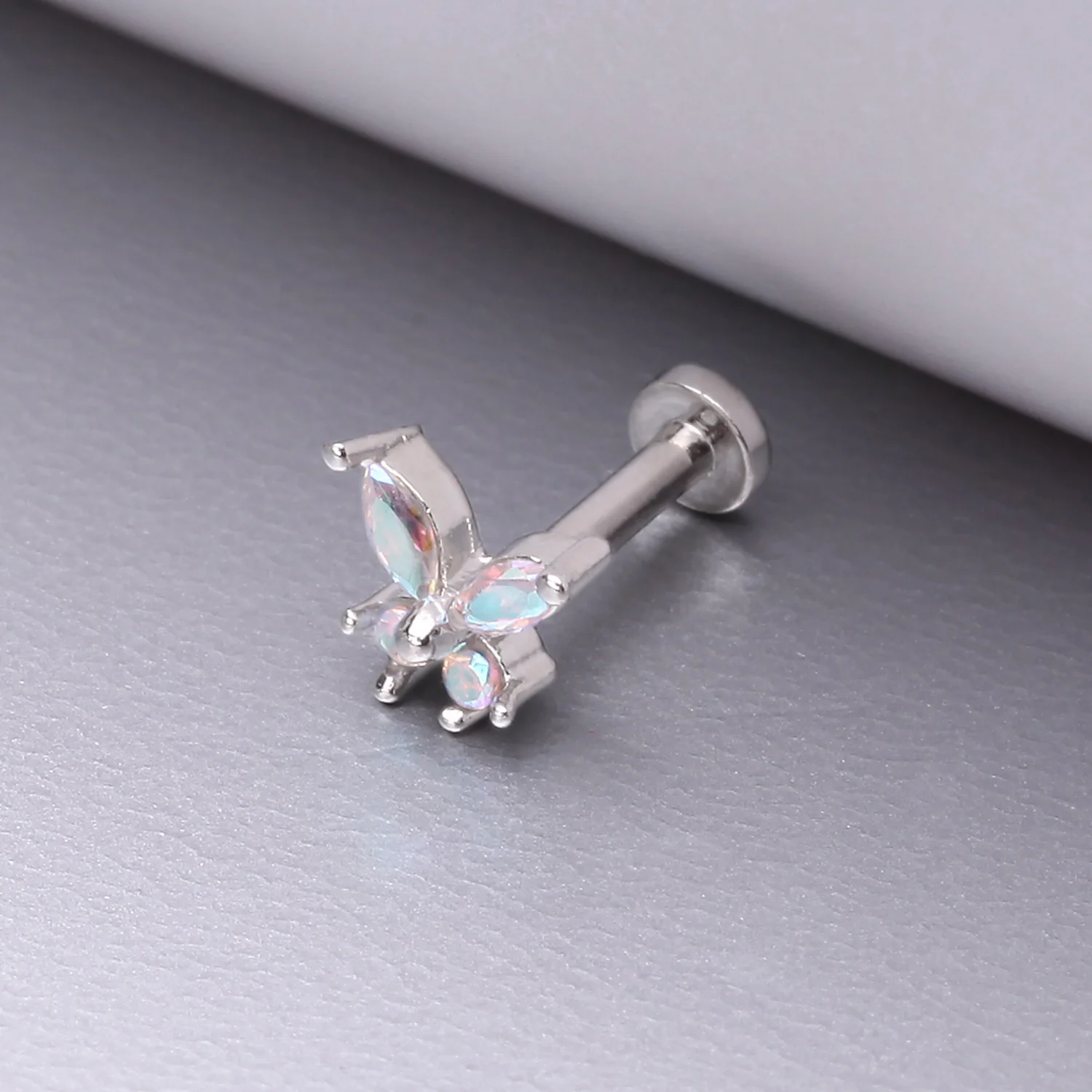 Butterfly Sparkle Prong Set Top Internally Threaded Steel Flat Back Stud Labret - Image 2