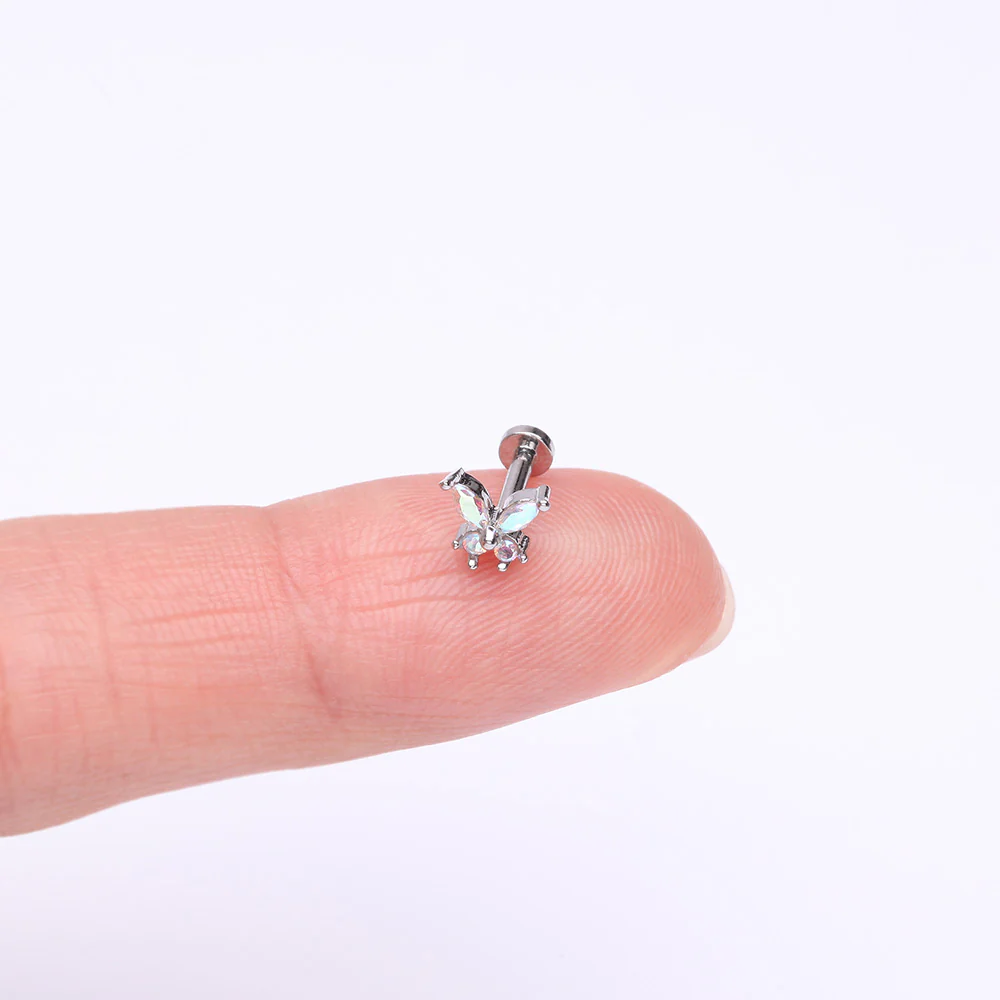 Butterfly Sparkle Prong Set Top Internally Threaded Steel Flat Back Stud Labret - Image 3