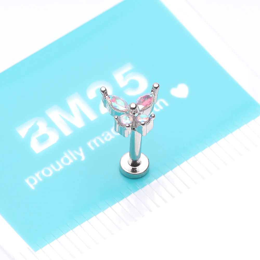 Butterfly Sparkle Prong Set Top Internally Threaded Steel Flat Back Stud Labret - Image 4
