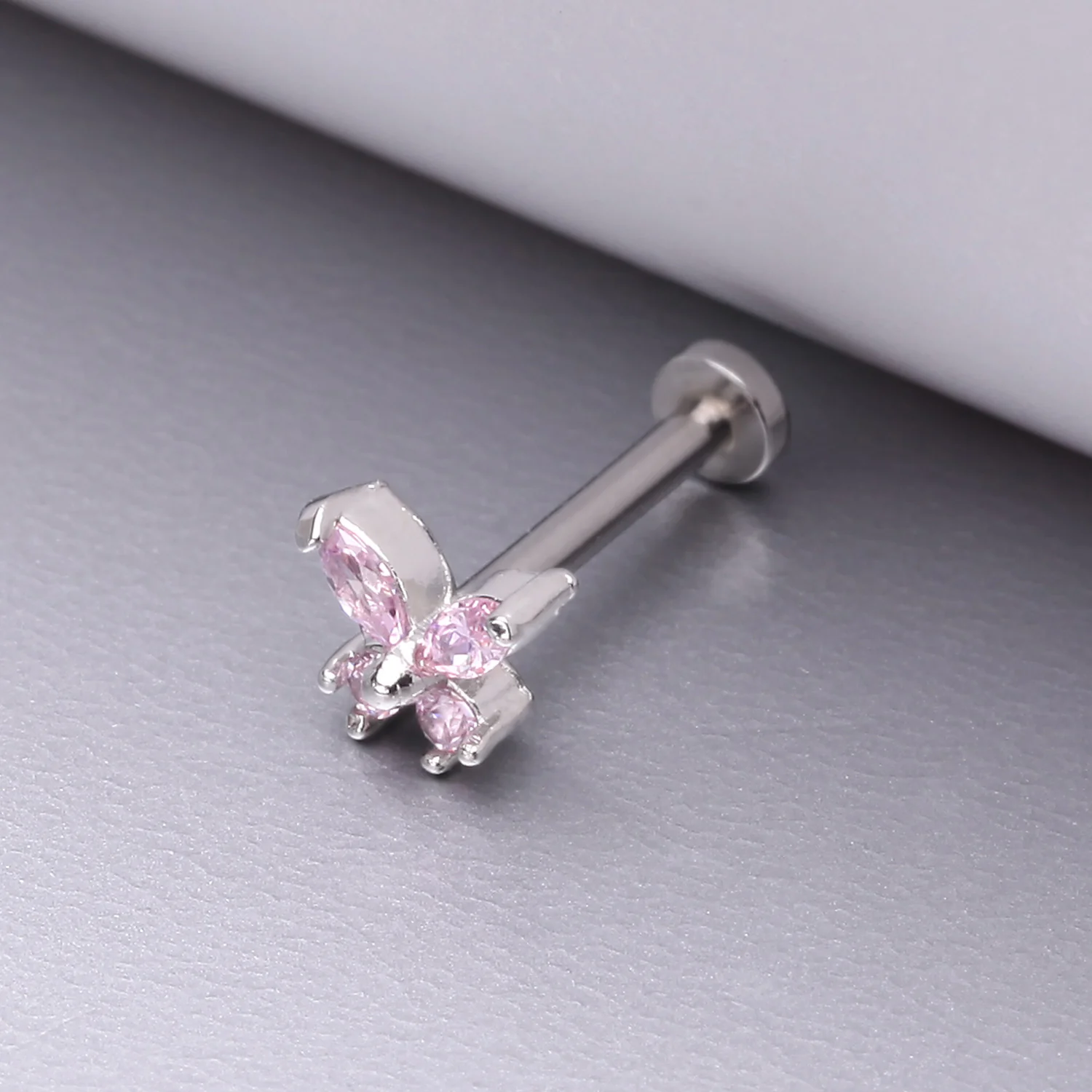 Butterfly Sparkle Prong Set Top Internally Threaded Steel Flat Back Stud Labret - Image 2