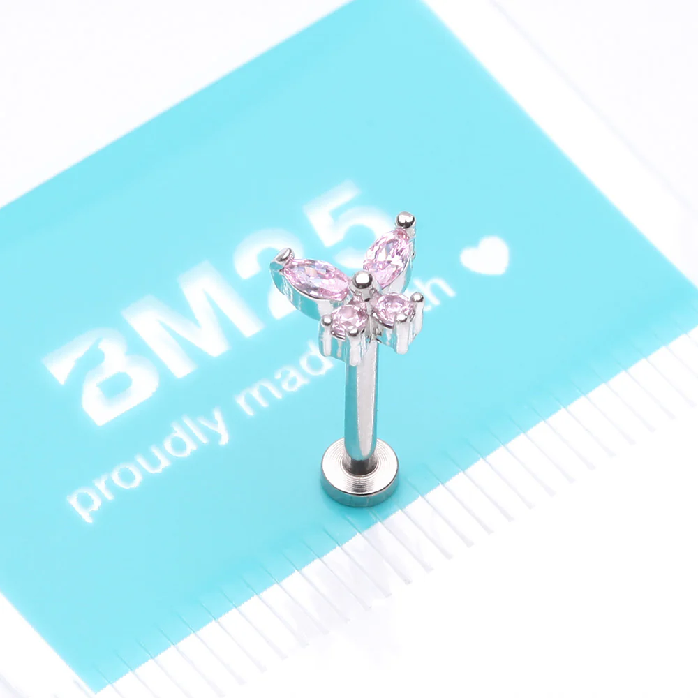 Butterfly Sparkle Prong Set Top Internally Threaded Steel Flat Back Stud Labret - Image 4