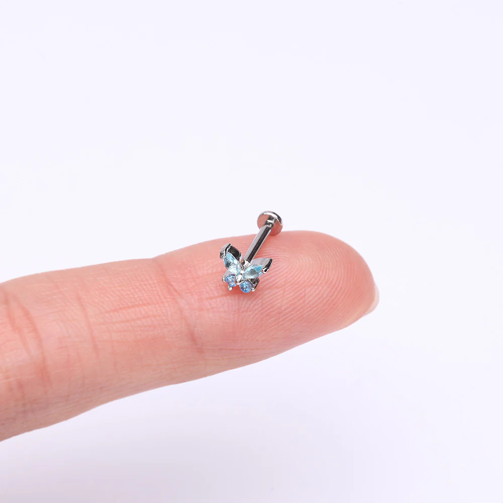 Butterfly Sparkle Prong Set Top Internally Threaded Steel Flat Back Stud Labret - Image 3
