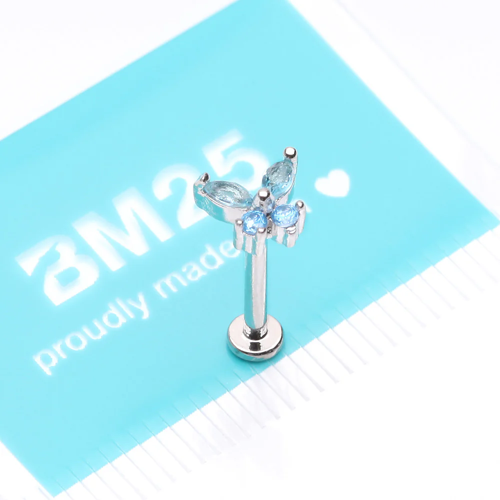 Butterfly Sparkle Prong Set Top Internally Threaded Steel Flat Back Stud Labret - Image 4