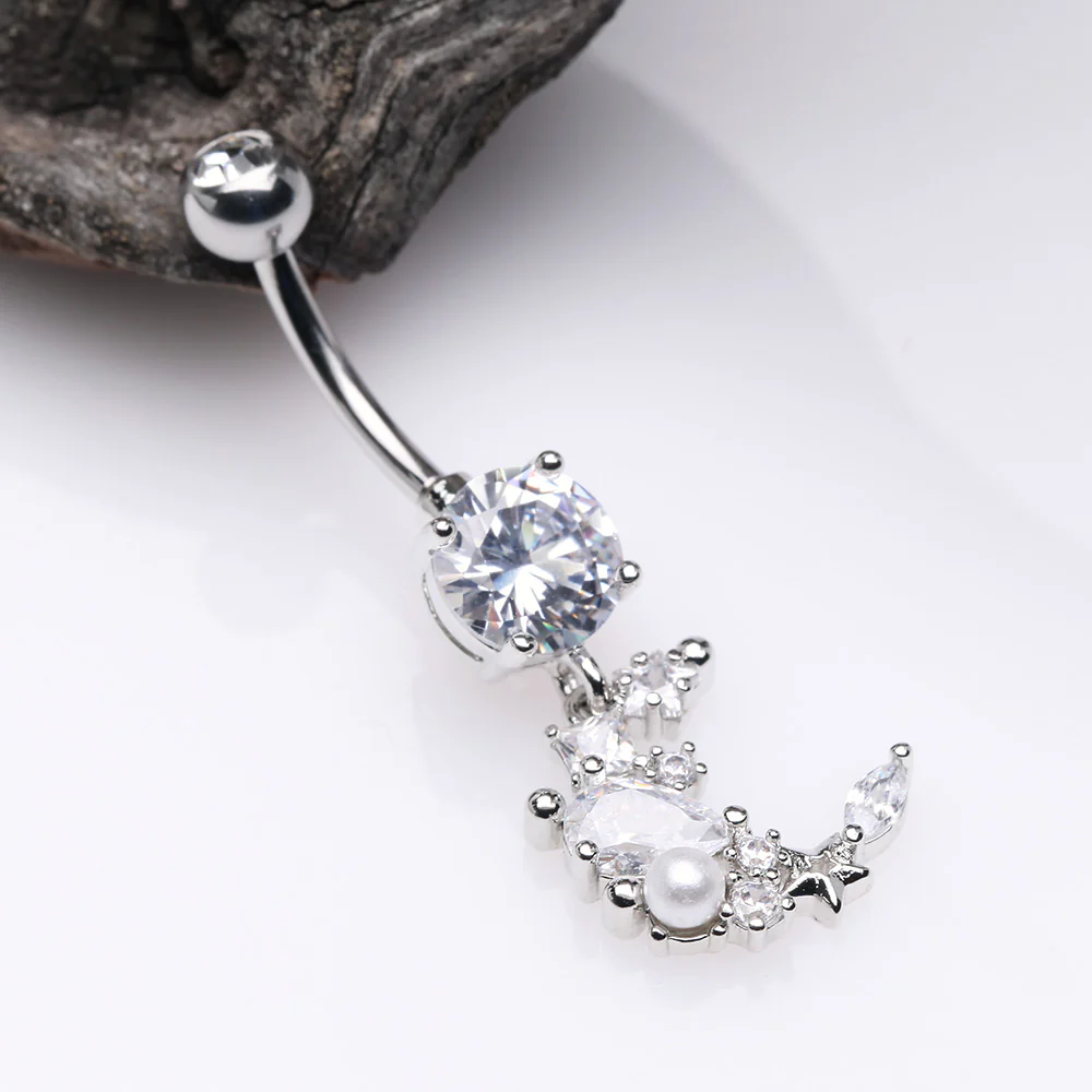 Celestial Sparkle Crescent Moon Array Belly Button Ring - Image 3