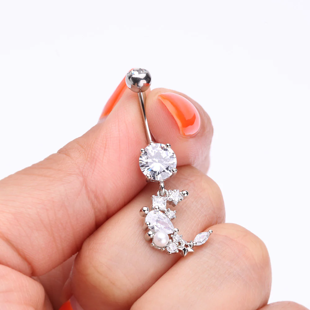 Celestial Sparkle Crescent Moon Array Belly Button Ring - Image 4
