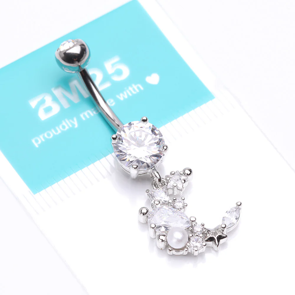 Celestial Sparkle Crescent Moon Array Belly Button Ring - Image 5