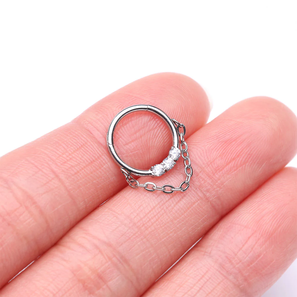 Chained Classic 3 Gem Sparkle Clicker Hoop Ring - Image 3